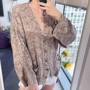 90s Fruit Pattern Linen Blend Cardigan: Vintage Minimalist Blouse (S-L)